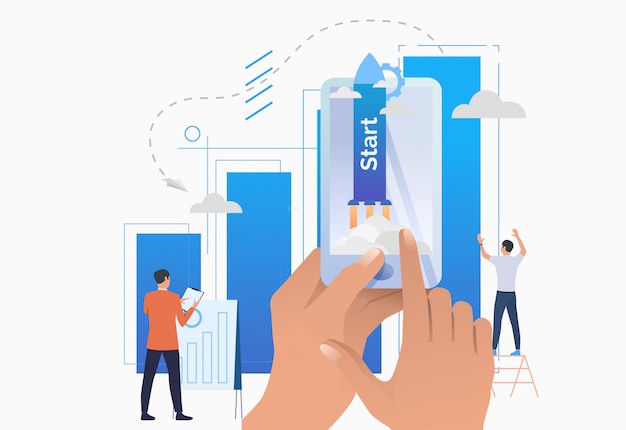 Handen met smartphone, staafdiagram en raketlancering