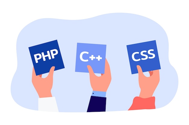 Handen met symbolen van verschillende programmeertalen. programmeurs die software gebruiken voor het coderen van platte vectorillustratie. programmering, engineering, technologieconcept voor banner of bestemmingspagina