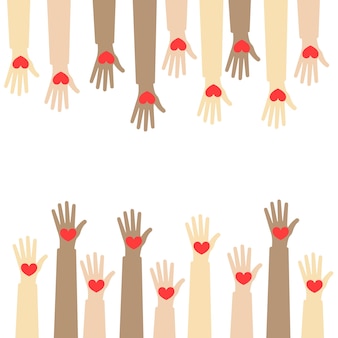 Handen van diverse groep mensen samenstellen. samenwerking, saamhorigheid, partnerschap, overeenkomst, teamwork, eps 10