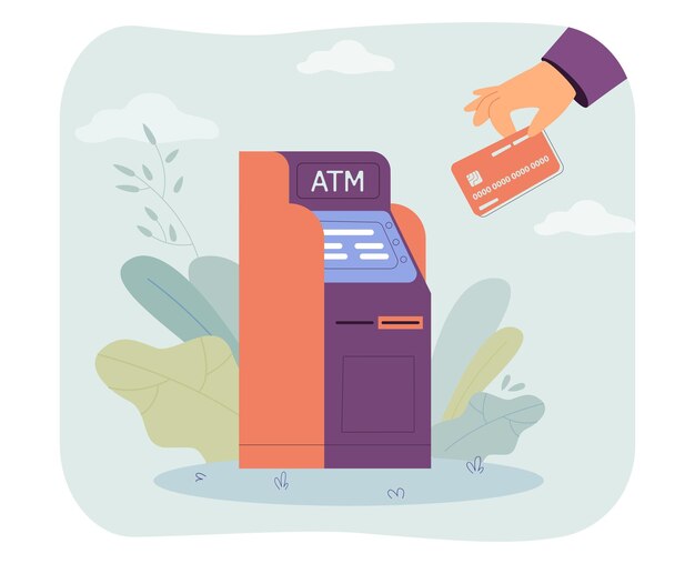 Handen van klant met creditcard in de buurt van ATM-machine. Persoon die contant geld opneemt, saldo vlakke vectorillustratie controleert. Bankserviceconcept voor banner, websiteontwerp of bestemmingswebpagina