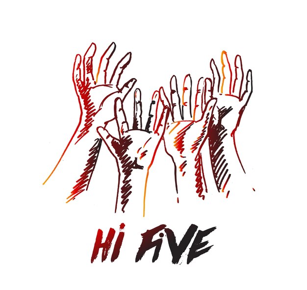 Handen vieren met een high five Hand getrokken schets vectorillustratie