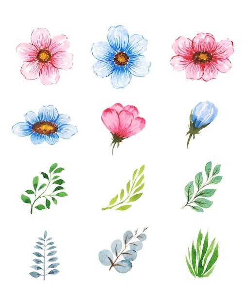 Gratis vector handgemaakte aquarel bloemen en bladeren set