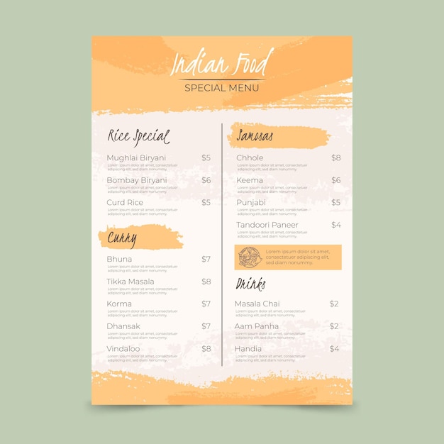 Gratis vector handgeschilderd indiaas menu