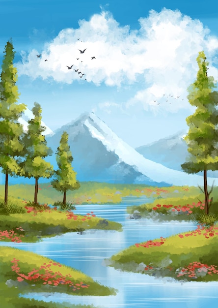 Handgeschilderd zonnig landschap met bergen in de achtergrond impressionistische stijl