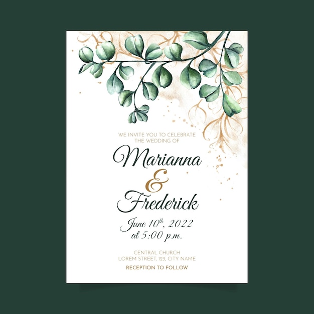 Gratis vector handgeschilderde aquarel bloemen bruiloft uitnodiging sjabloon