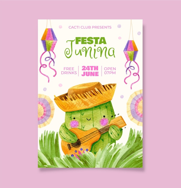 Handgeschilderde aquarel festa junina verticale poster sjabloon