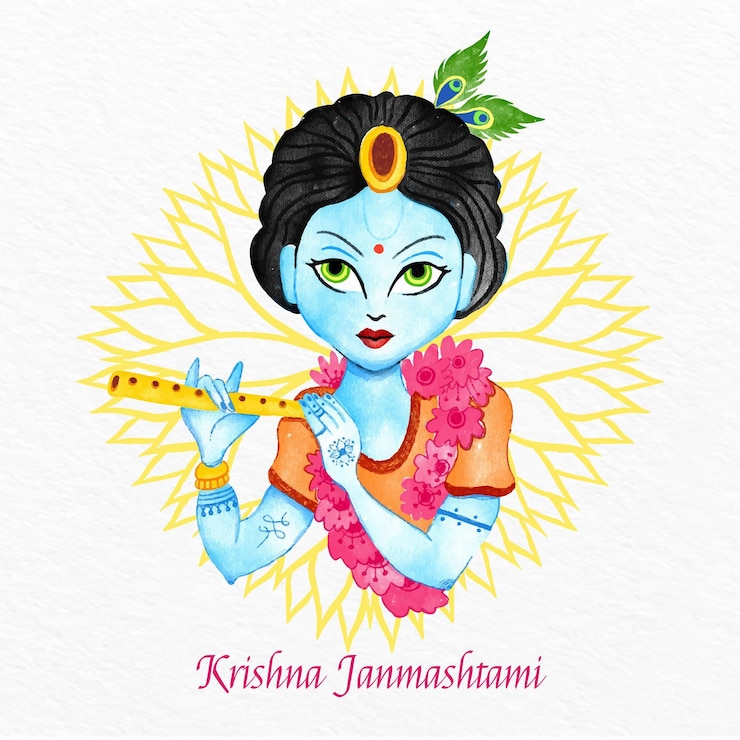 Gratis Vector handgeschilderde aquarel krishna janmashtami illustratie