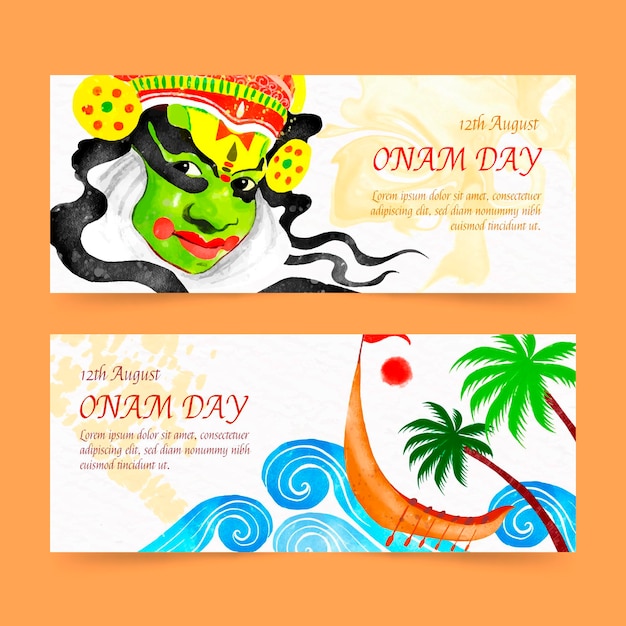 Gratis vector handgeschilderde aquarel onam banners set