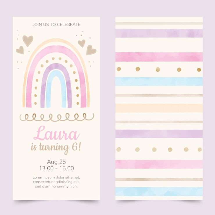 Gratis Vector handgeschilderde aquarel regenboog verjaardagsuitnodiging sjabloon