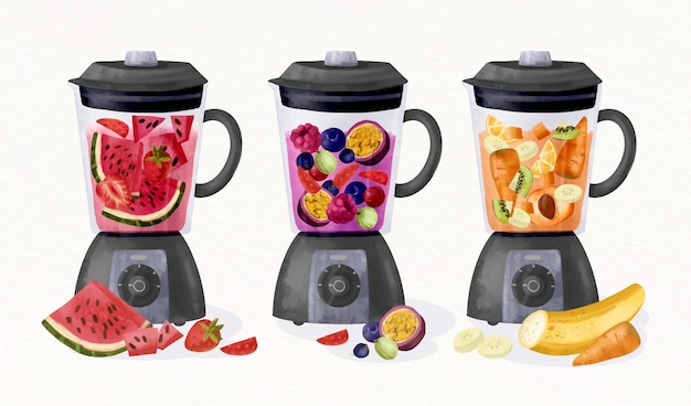 Handgeschilderde aquarel smoothies in blender glas