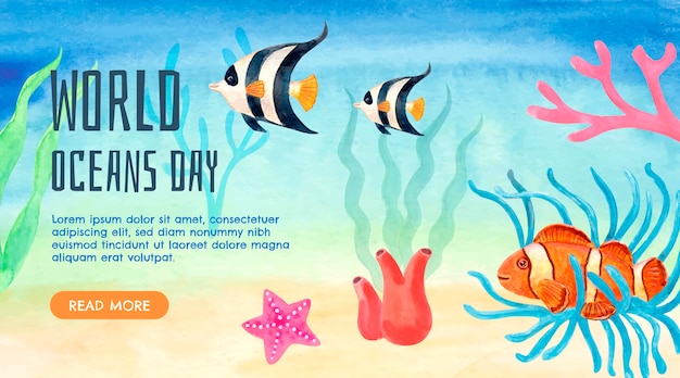 Handgeschilderde aquarel wereld oceanen dag banner