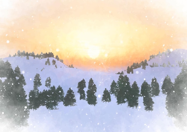 Handgeschilderde aquarel winterzonnewende landschap