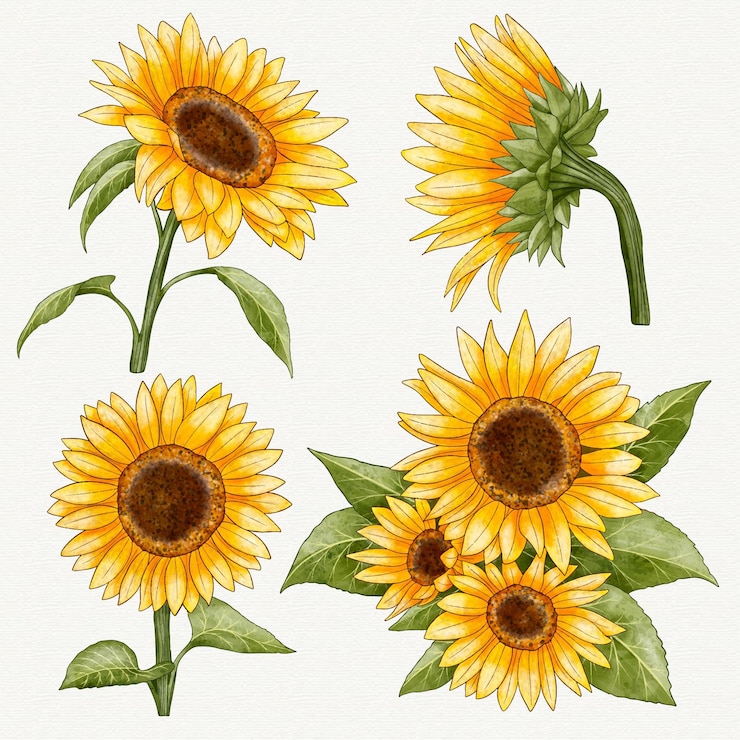 Gratis Vector handgeschilderde aquarel zonnebloemen collectie