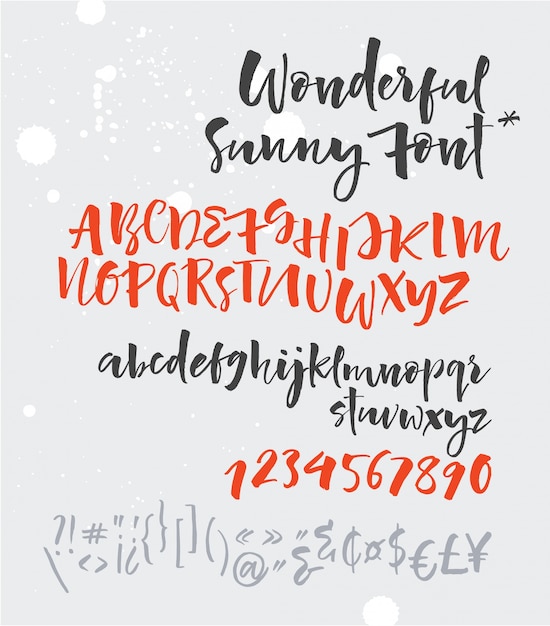 Handgeschreven script lettertype. borstletter. hoofdletters, cijfers, interpunctie