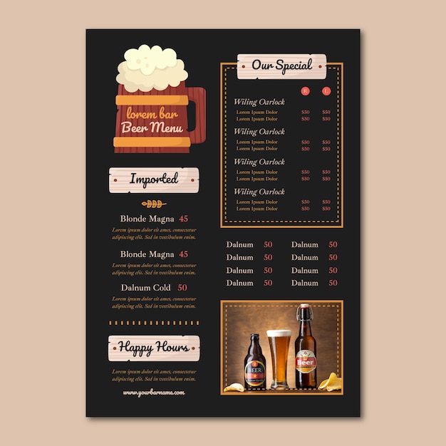 Handgetekend biermenu-ontwerp