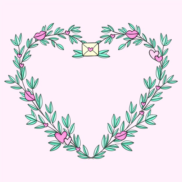 Handgetekend hartvormig frame met roze lippen