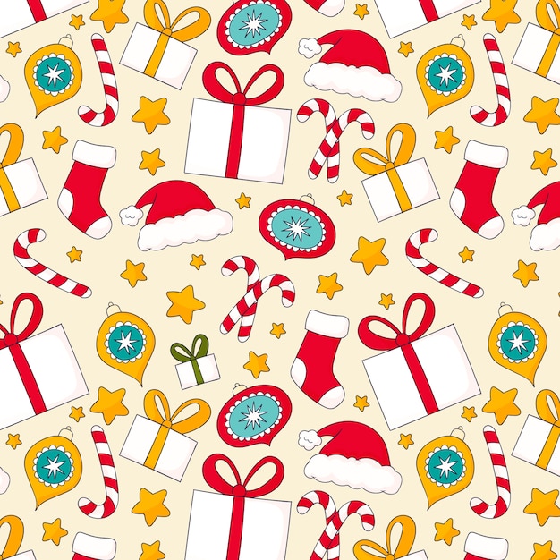 Gratis vector handgetekend kerstseizoen patroonontwerp met kerstmuts en cadeautjes