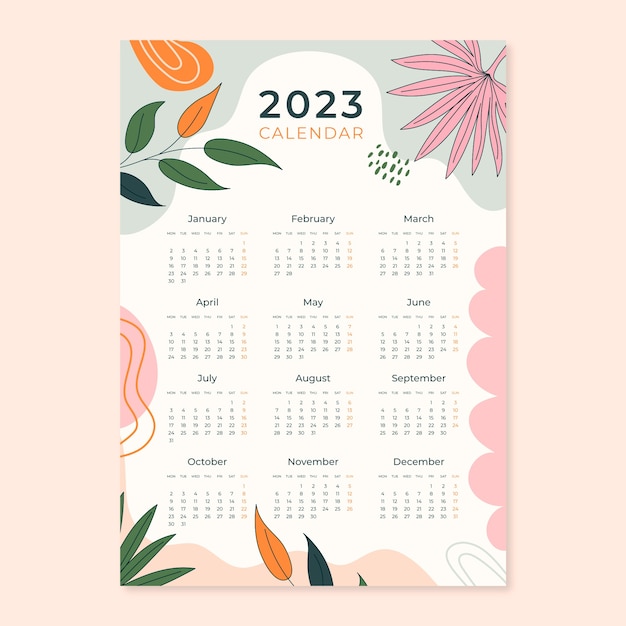Gratis vector handgetekende 2023 jaarlijkse kalendersjabloon