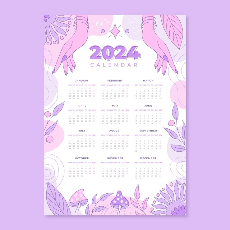 Gratis Vector handgetekende 2024 kalendersjabloon met esoterische elementen en abstracte vormen