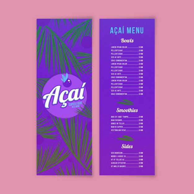 Gratis vector handgetekende acai-menusjabloon