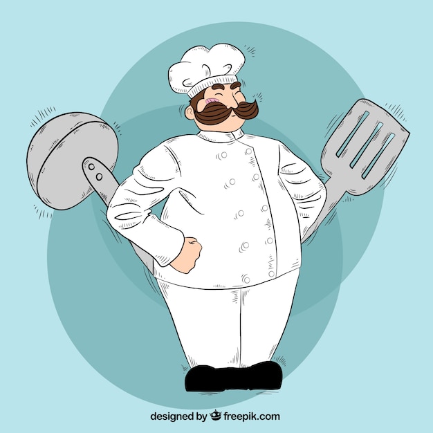 Gratis vector handgetekende achtergrond van chef-kok met keukengerei