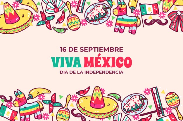 Handgetekende achtergrond voor de onafhankelijkheidsviering van Mexico