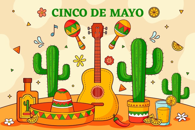 Handgetekende achtergrond voor de viering van Cinco de Mayo