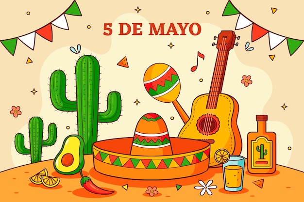 Handgetekende achtergrond voor de viering van Cinco de Mayo