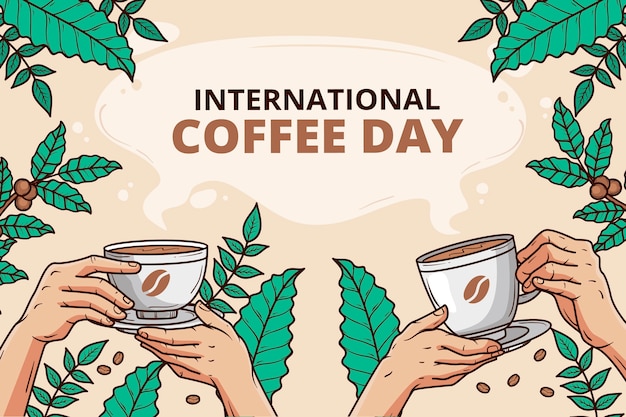 Gratis vector handgetekende achtergrond voor de viering van de internationale koffiedag