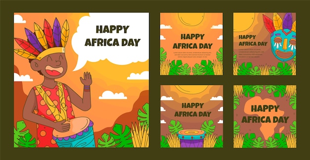 Gratis vector handgetekende afrika-dag instagram-postverzameling