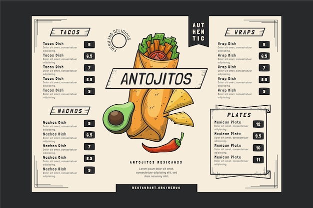 Gratis vector handgetekende antojitos menusjabloon