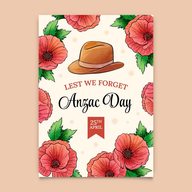 Handgetekende anzac dag verticale postersjabloon