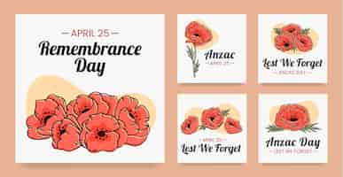 Gratis vector handgetekende anzac day instagram posts collectie