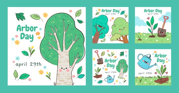 Handgetekende arbor day instagram posts collectie