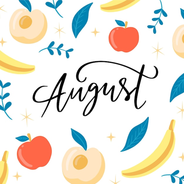 Handgetekende augustus-belettering met fruit