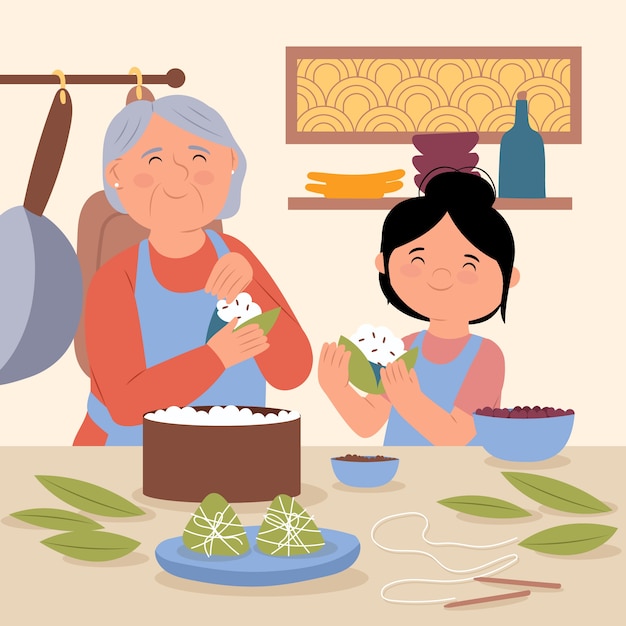 Handgetekende Aziatische familieillustratie