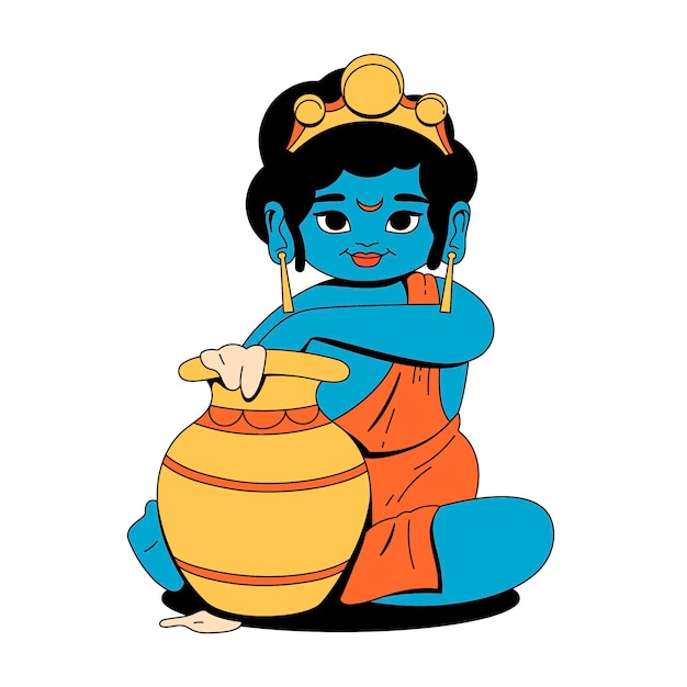 Handgetekende baby krishna die boterillustratie eet eating