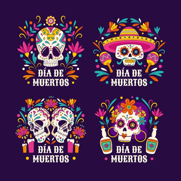 Handgetekende badges-collectie voor dia de muertos-viering