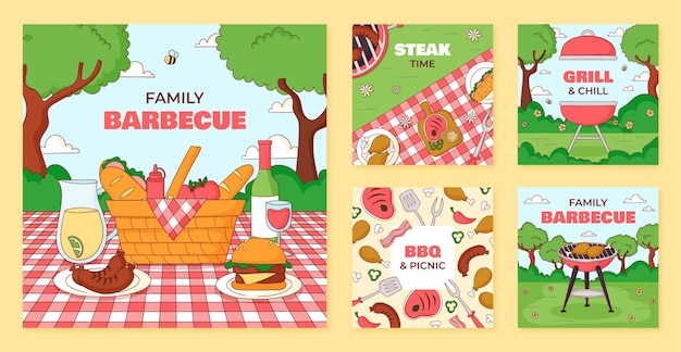 Gratis vector handgetekende bbq-feest instagram-berichten