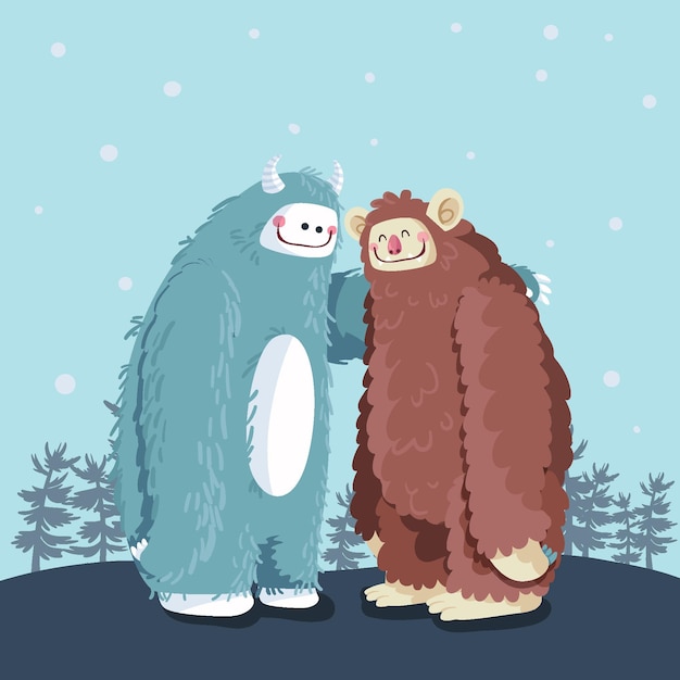 Handgetekende bigfoot sasquatch en yeti adominable snowman illustration