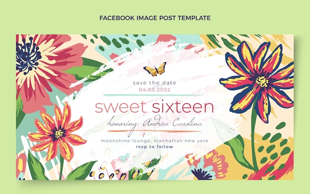 Gratis vector handgetekende bloemen sweet 16 social media postsjabloon