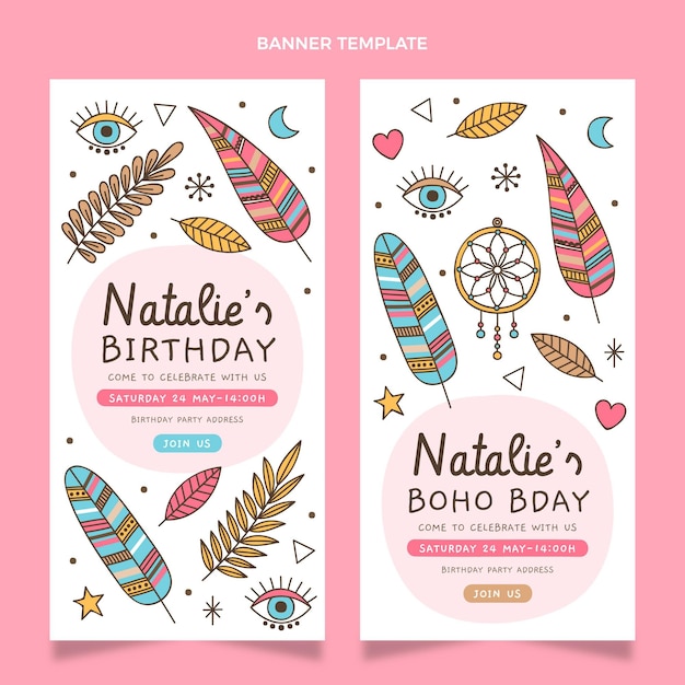 Handgetekende boho verjaardag verticale banners sjabloon