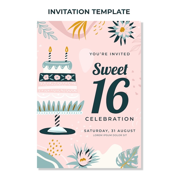 Gratis vector handgetekende botanische sweet 16 uitnodiging