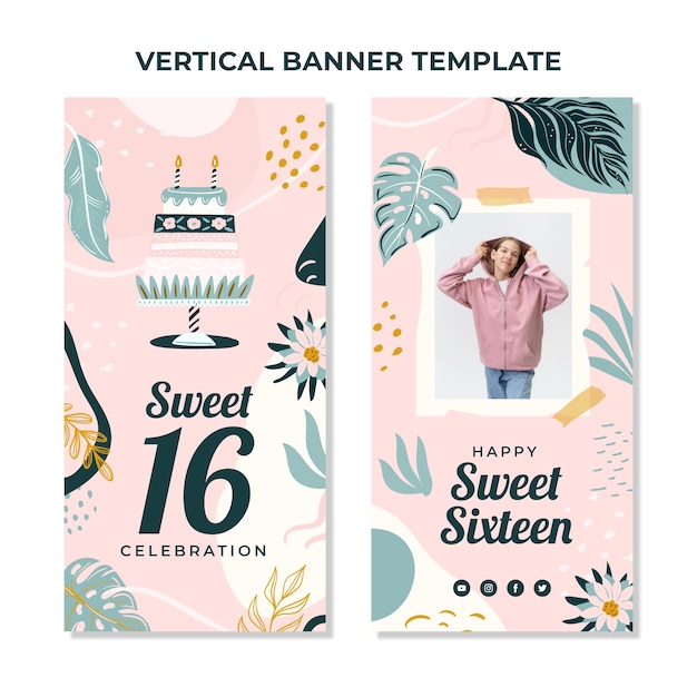 Gratis vector handgetekende botanische sweet 16 verticale banners