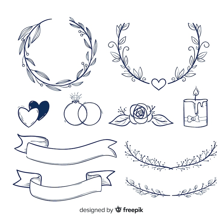 Gratis Vector handgetekende bruiloft ornament collectie
