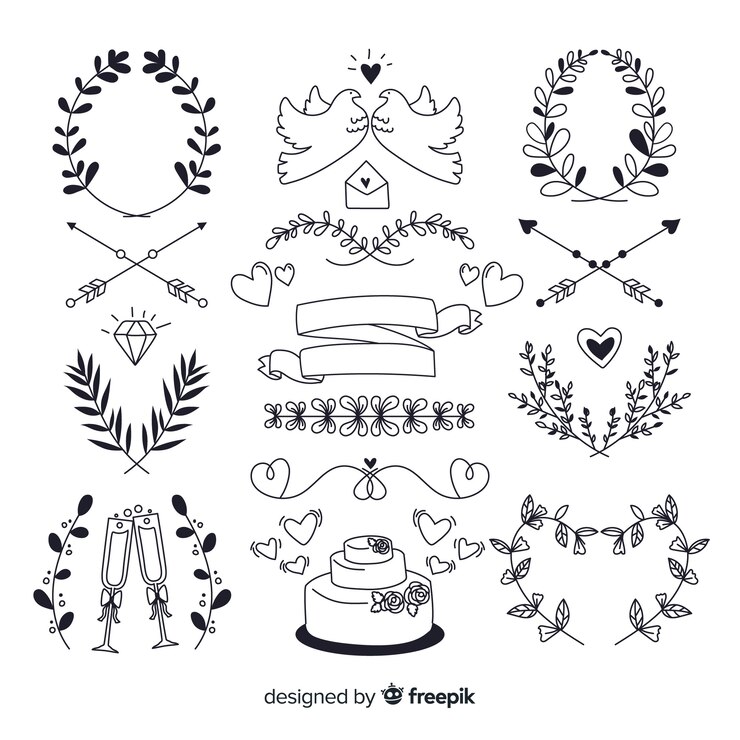 Gratis Vector handgetekende bruiloft ornament collectie