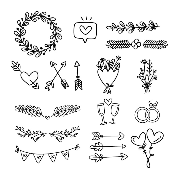 Gratis vector handgetekende bruiloft ornamenten collectie