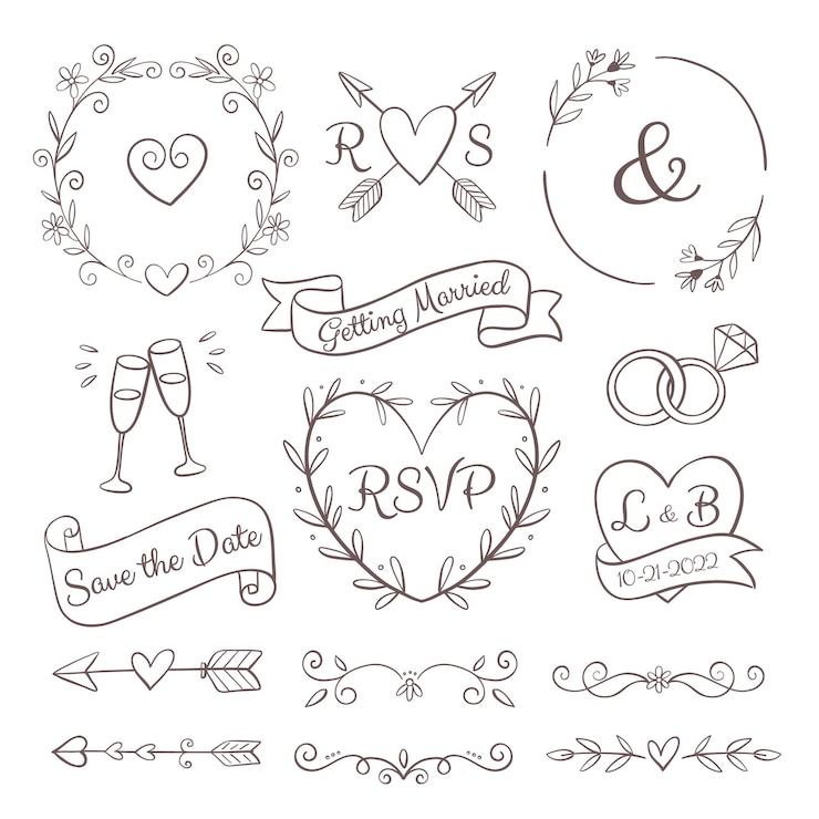 Gratis Vector handgetekende bruiloft ornamenten collectie