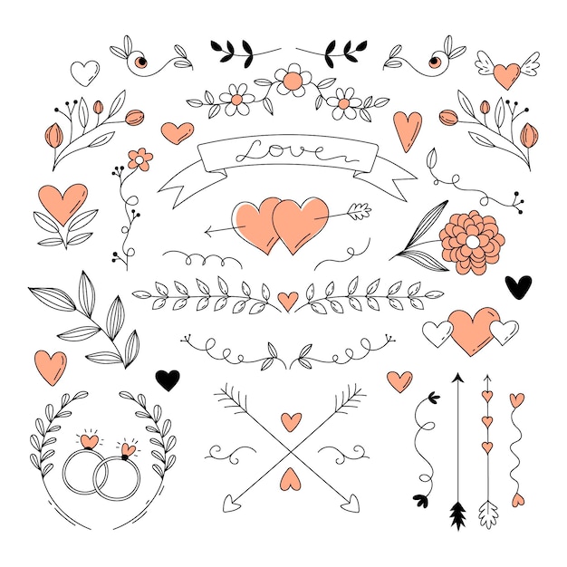 Gratis vector handgetekende bruiloft ornamenten collectie