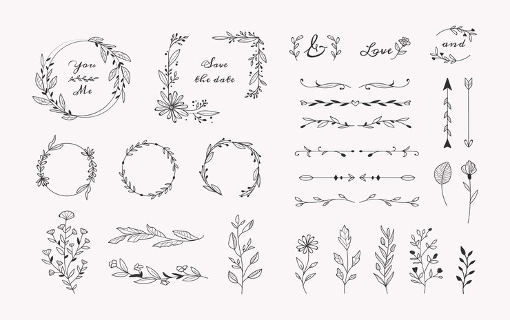Gratis Vector handgetekende bruiloft ornamenten collectie
